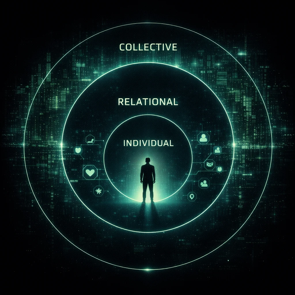 A conceptual map of the psyche expanding from the individual through the relational and into the collective.